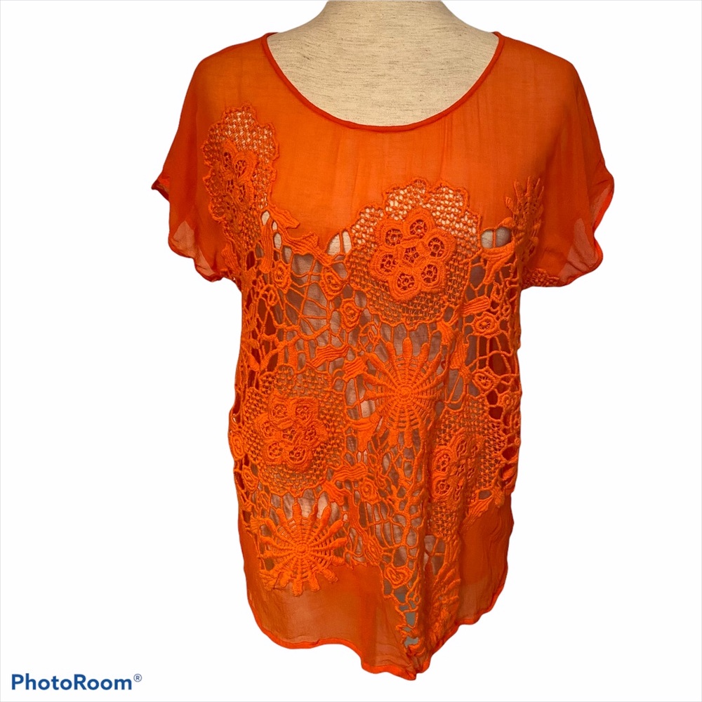YOANA BARASCHI TOP BLOUSE ORANGE SHEER LACE SIZE L